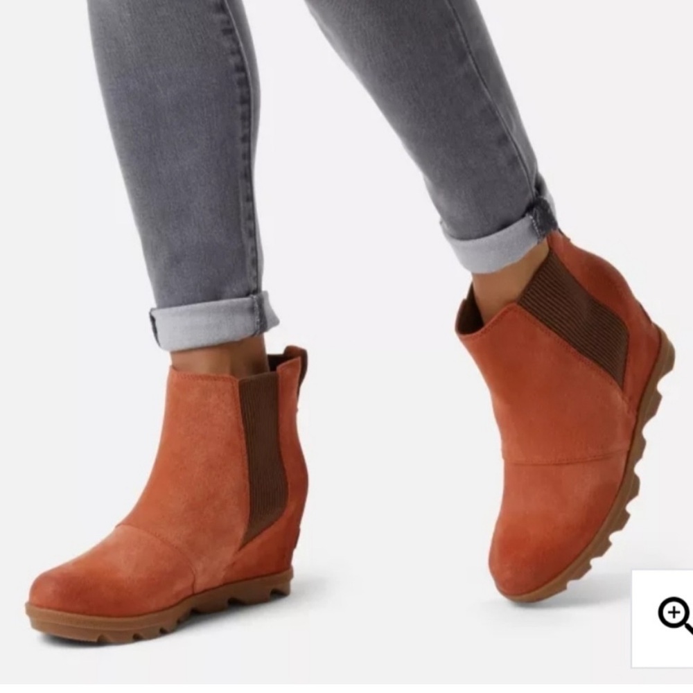 New! Sorel Joan of Arctic Wedge II Chelsea SlipOn Leather Boot Bootie Teak Brown - Picture 2 of 2